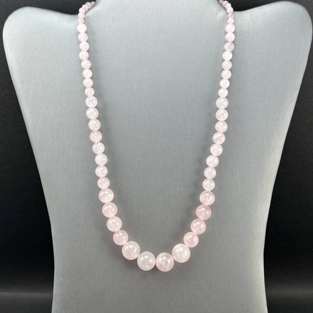 Rose Quartz Beaded Necklace Graduated Sterling Silver Clasp 19.5"